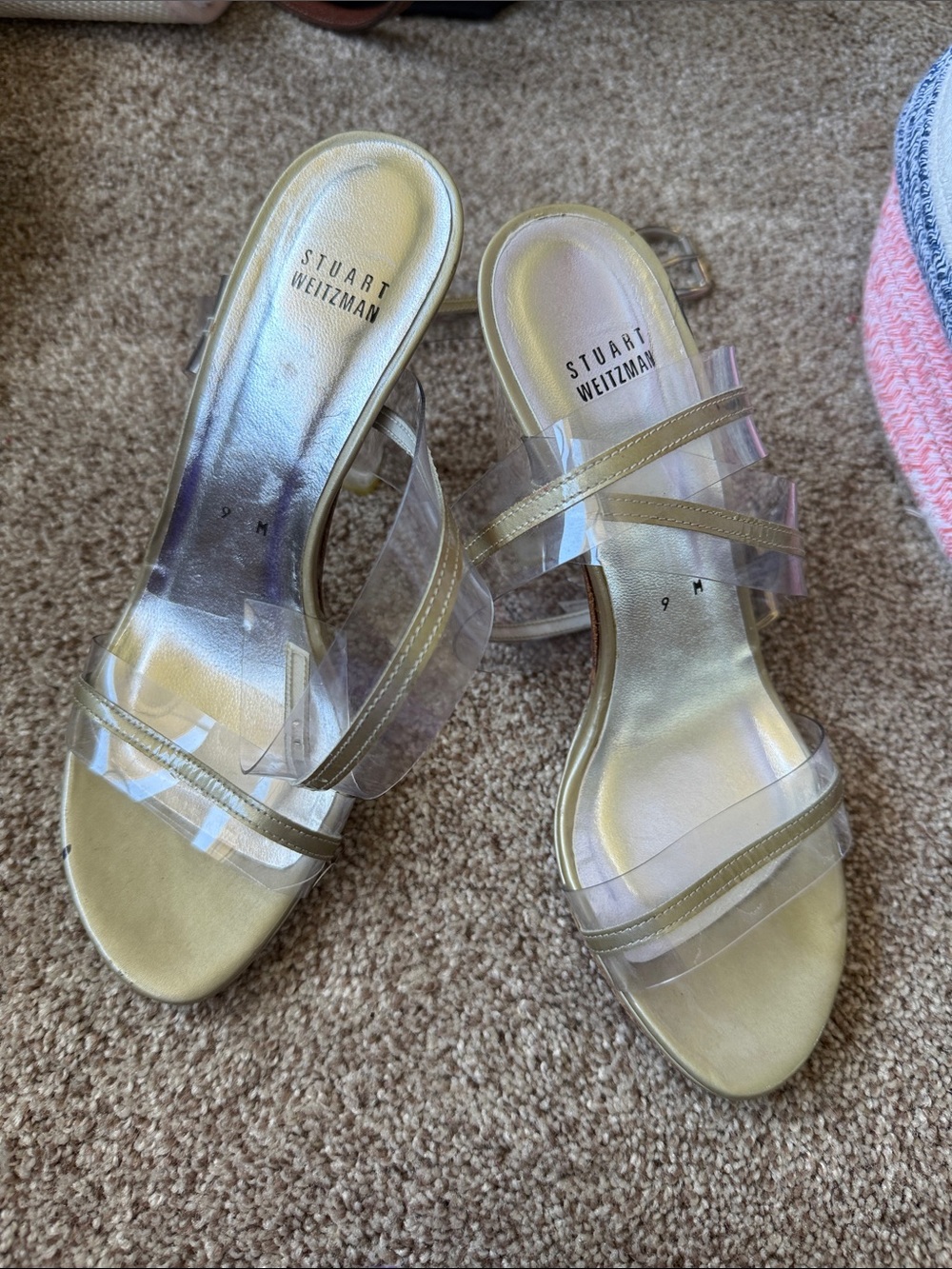 Stuart Weitzman Gold and Clear Strappy Slide Heels